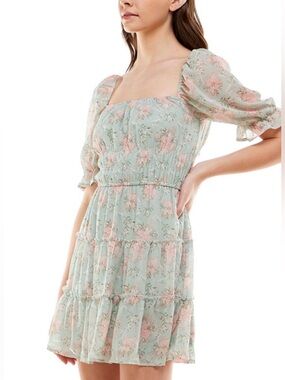 ROW A Mint & Pink Floral Smocked Midi Dress with Puff Sleeves